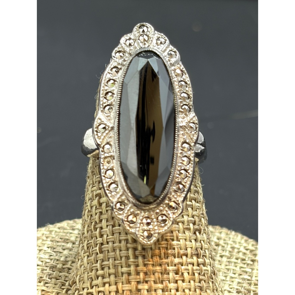 Vintage 925 Sterling Marcasite Hematite Ring Art Deco Style Adjustable